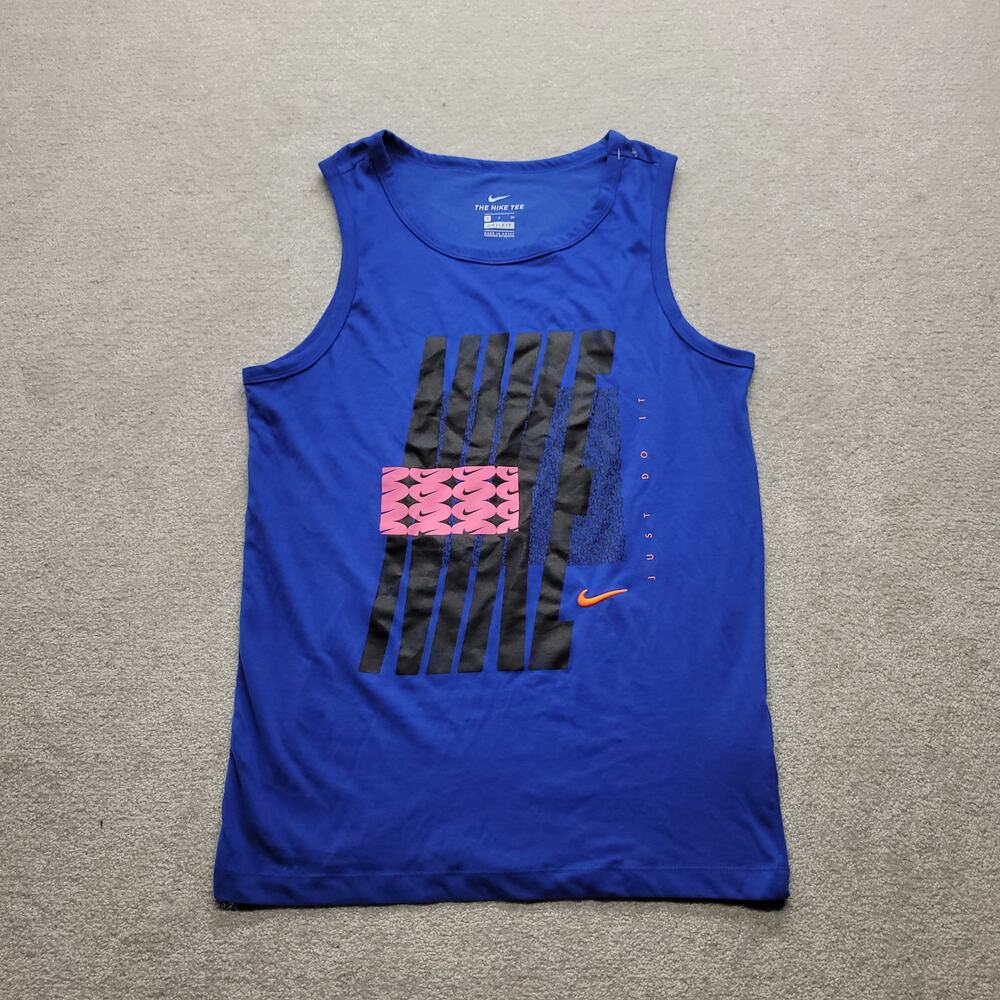 Nike Dri-FIT Mens Small Blue Sleeveless Tank Top Graphic Logo Athletic Gym Shirt